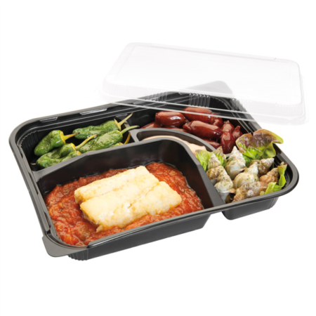 Vassoio Nero Take Away 4 Comparti Con Coperchio 27x21x5 Cm - 50 Pz
